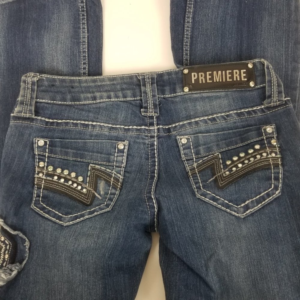 PREMIER by RUE21 Jeans Size 1/2 Slim Boot Cut Cross on Right Leg - Picture 4 of 9